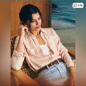 FAHERTY Women's Large Tried & True Chambray Shirt Peach Whip Collar Linen Blend